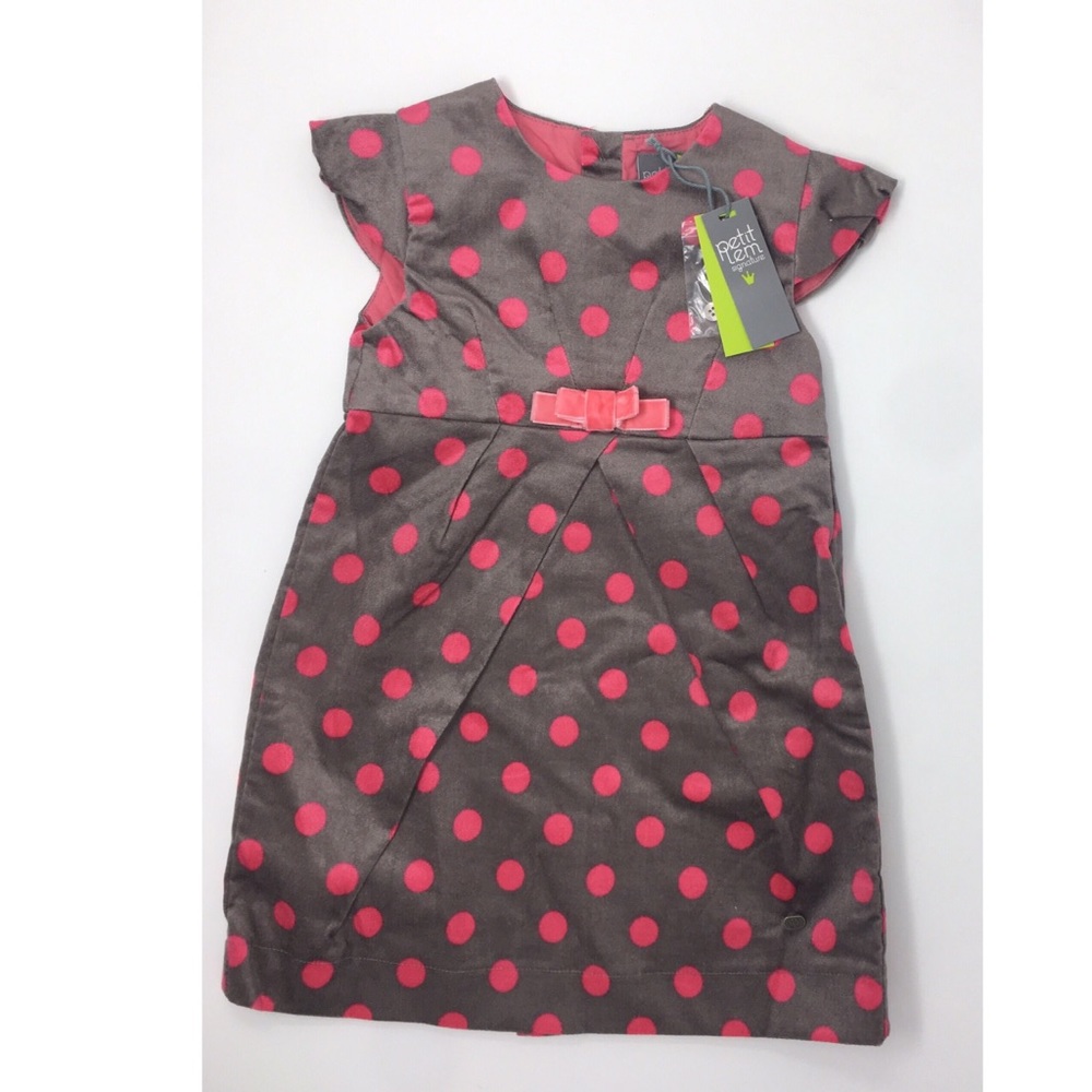 Petit Lem Girls Brown Pink Polka Dot Velour Dress